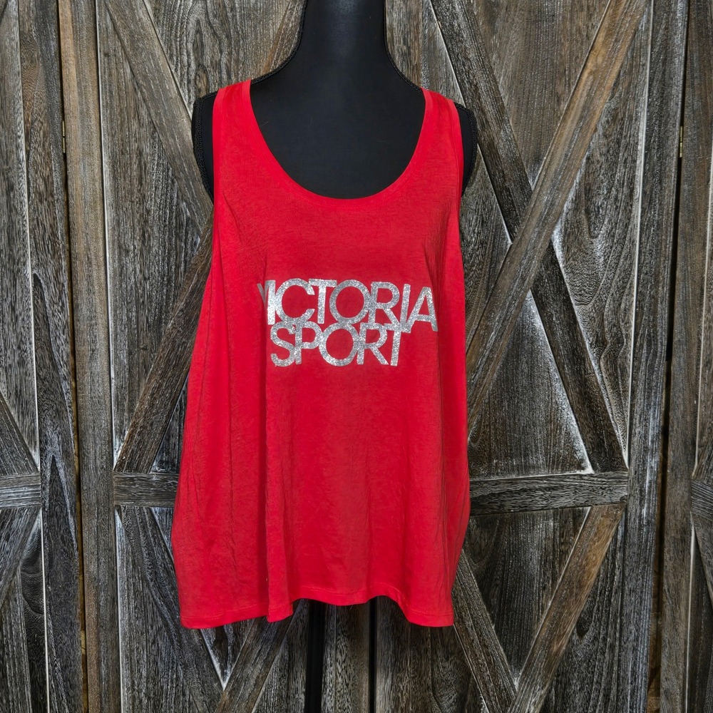 Victoria Sport Red Glitter Logo Open‎ Back Tie Knot Tank Top XL